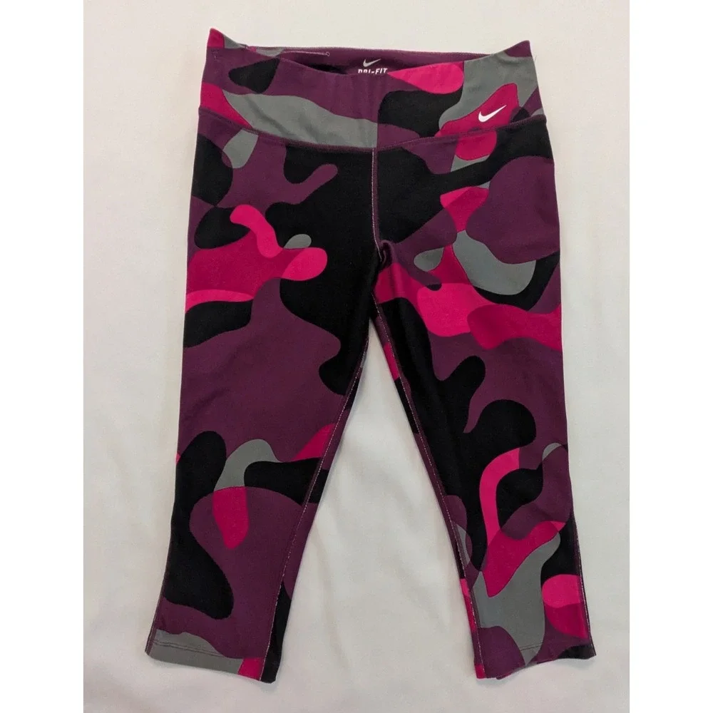 Nike Dri Fit Women's Cropped Capri Pants Leggings Black Pink Camouflage Large L